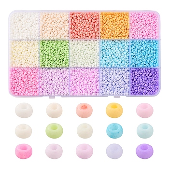 5250Pcs 15 Colors 8/0 Opaque Frosted Glass Seed Beads, Round, Mixed Color, 3~4x2~3mm, Hole: 0.8mm, 350Pcs/color