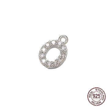 Real Platinum Plated Rhodium Plated 925 Sterling Silver Micro Pave Clear Cubic Zirconia Charms, Initial Letter, Letter O, 9x6x1.5mm, Hole: 0.9mm