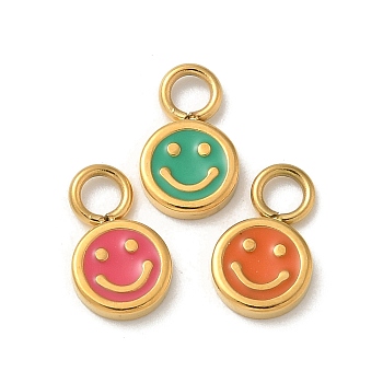 Ion Plating(IP) 304 Stainless Steel Enamel Charms, Real 14K Gold Plated, Flat Round with Smiling Face Charm, Mixed Color, 10x6x1.5mm, Hole: 2mm