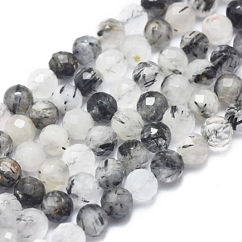 Natural Tourmalinated Quartz/Black Rutilated Quartz Beads Strands, Faceted, Round, 6mm, Hole: 0.8mm, about 70 pcs/Strand, 15.75 inch(40 cm)