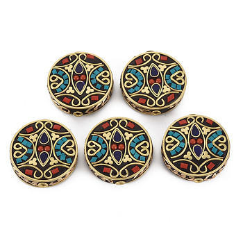 Polymer Clay Handmade Indonesia Beads, with Brass Findings, Flat Round, Golden, Colorful, 28~30x8mm, Hole: 2mm