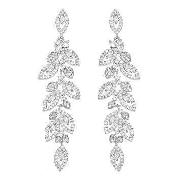 1 Pair Brass Dangle Stud Earrings, Clear Cubic Zirconia Leaf Cluster Earrings for Women, Platinum, 77x20mm