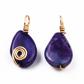 Natural Agate Pendants, with Light Gold Plated Brass Findings, Teardrop Charm, Dyed & Heated, Indigo, 27~29x12.5~13.5x6~7mm, Hole: 4mm