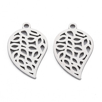 304 Stainless Steel Pendants, Laser Cut, Leaf, Stainless Steel Color, 21x14x1mm, Hole: 1.6mm