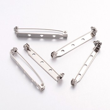 50Pcs Iron Brooch Findings, Back Bar Pins, with Three Holes, Platinum, 38x5mm, Hole: 2mm