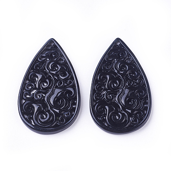 Carved Natural White Jade Pendants, Dyed, Teardrop, Black, 39.5~40x24~25x2.5~3.5mm, Hole: 1.2mm