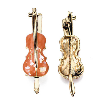 Violin Enamel Pin with Shell, Light Gold Plated Alloy Badge for Backpack Clothes, Nickel Free & Lead Free, Coconut Brown, 65x17.5mm, pin: 0.7mm