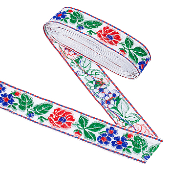 Ethnic Style Embroidery Polyester Ribbons, Jacquard Ribbon, Garment Accessories, Flower & Leaf Pattern, White, 1-1/4 inch(32mm), about 5.47 Yards(5m)/Bundle