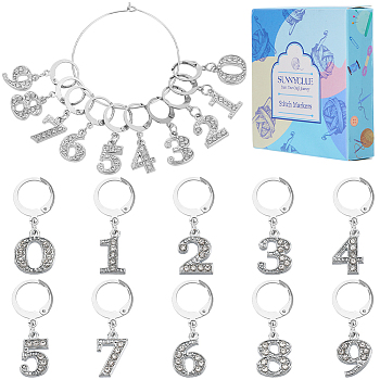 Number 0~9 Alloy Rhinestone Pendant Stitch Markers, Crochet Leverback Hoop Charms, Locking Stitch Marker with Wine Glass Charm Ring, Platinum, 3.1cm, 10 style, 2pcs/style, 20pcs/box