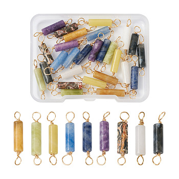 36Pcs 9 Styles Natural Gemstone Connector Charms, with Light Gold Eco-Friendly Copper Wire Double Loops, Column, 22~23.5x4mm, Hole: 2.2~2.4mm, 4pcs/style