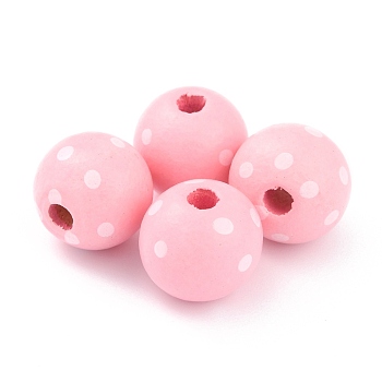 Dyed Natural Wooden Beads, Macrame Beads Large Hole, Round with Polka Dot, Pink, 16x15mm, Hole: 4mm