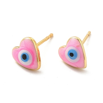Enamel Heart with Evil Eye Stud Earrings, Real 18K Gold Plated Brass Jewelry for Women, Pearl Pink, 8x8mm, Pin: 0.7mm