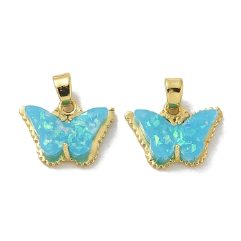 Real 18K Gold Plated Rack Plating Brass Pendants, with Resin Imitation Opal & Giltter, Long-Lasting Plated, Lead Free & Cadmium Free, Butterfly, Deep Sky Blue, 11.5x15.5x5mm, Hole: 4x2.5mm