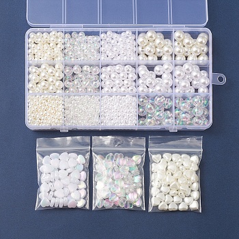 DIY Beads Jewelry Making Finding Kit, Including Imitation Pearl & Round & Heart & Transparent Acrylic & ABS Plastic Beads, White, 4~10x4~10x3~10mm, Hole: 1.5~2.5mm, 1197Pcs/set 