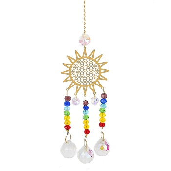 Alloy Hollow Hanging Ornaments, Iron Chain & Colorful Glass Round Beads Tassel for Home Garden Decorations, Sun, 330mm