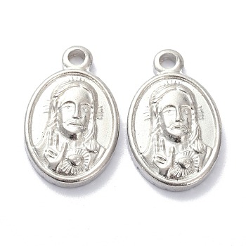 304 Stainless Steel Pendants, Oval with Saint, Stainless Steel Color, 20x12.5x3mm, Hole: 1.8mm