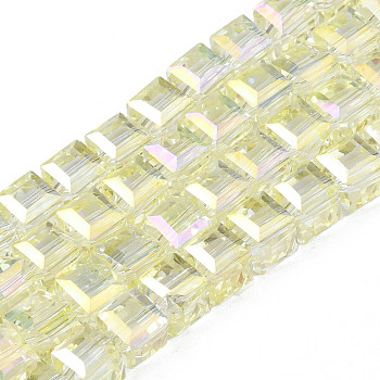Electroplate Transparent Glass Beads Strands, Faceted, Cube, Champagne Gold, 7x7x7mm, Hole: 1.4mm, about 100pcs/strand, 26.77 inch(68cm)