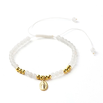 Round Natural White Jade Braided Bead Bracelet for Girl Women, Oval with Virgin Mary Brass Charm Bracelet, Golden, Inner Diameter: 2-1/8~4-1/4 inch(5.3~10.8cm)