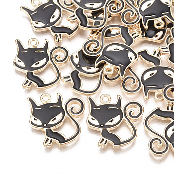 Alloy Enamel Kitten Pendants, Cartoon Cat Shape, Light Gold, Black, 19x18x2mm, Hole: 1.6mm