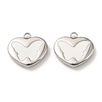 304 Stainless Steel Enamel Pendants, Heart with Butterfly Charms, Stainless Steel Color, White, 14x15x3mm, Hole: 1.8mm