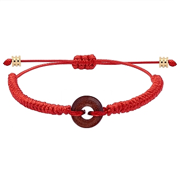 Synthetic Goldstone Donut Braided Bead Bracelet, Adjustable Gemstone Bracelet for Women, Red, Inner Diameter: 2~3-3/8 inch(5~8.6cm)