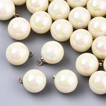 Acrylic Imitation Pearl Pendants, with Light Gold Tone Brass Loop, AB Color Plated, Round, Beige, 16x12mm, Hole: 1.6mm