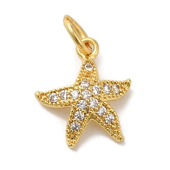 Brass Micro Pave Cubic Zirconia Pendants, Long-Lasting Plated, Cadmium Free & Lead Free, Starfish, Golden, 15x13x4mm, Hole: 4mm