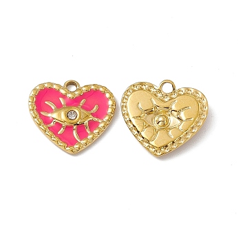 Vacuum Plating 201 Stainless Steel Rhinestone Pendants, Enamel Style, Real 18K Gold Plated, Heart with Eye Charm, Hot Pink, 14x15x2mm, Hole: 1.6mm