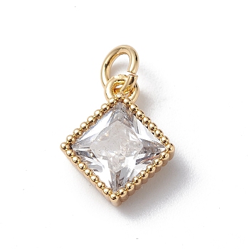 Brass Cubic Zirconia Pendants, Cadmium Free & Lead Free, Real 18K Gold Plated, Long-Lasting Plated, with Jump Ring, Rhombus Charm, Clear, 11.5x9.5x3mm, Hole: 3mm