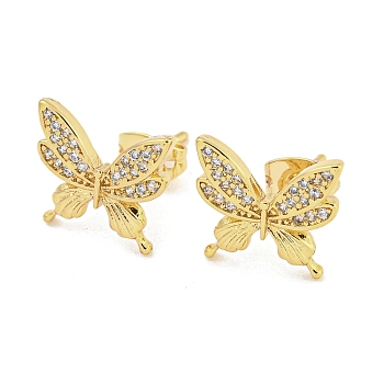 Brass Micro Pave Cubic Zirconia Ear Studs, Butterfly, Real 18K Gold Plated, 12x12.5mm