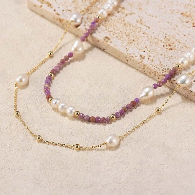 Natural Lepidolite & Pearl Beaded Double Layer Necklaces(NJEW-G121-01G)-3