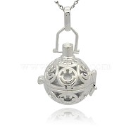 Silver Color Plated Brass Hollow Round Cage Pendants, with No Hole Spray Painted Brass Round Ball Beads, Silver, 35x25x21mm, Hole: 3x8mm(KK-J216-09S)