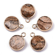 Natural Picture Jasper Pendants, Light Gold Tone Brass Edge, Faceted, Flat Round, 18x13.5x6mm, Hole: 2mm(G-T131-101C)