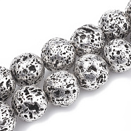 Electroplated Natural Lava Rock Beads Strands, Round, Silver Plated, 8~9mm, Hole: 1mm, about 46pcs/strand, 14.76 inch(G-N0321-14E)