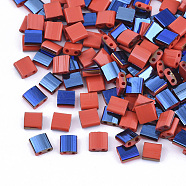 2-Hole Glass Seed Beads, Half Blue Plated Colours, Square, Red, 5x4.5~5.5x2~2.5mm, Hole: 0.5~0.8mm, about 118pcs/10g(X-SEED-S031-L-045-L)