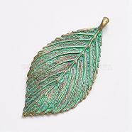 Tibetan Style Alloy Pendants, Leaf, Antique Bronze & Green Patina, 70x35x2mm, Hole: 3.5x4mm(PALLOY-F187-21ABG)
