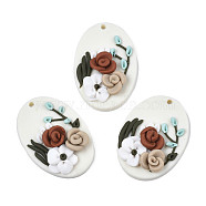 Handmade Polymer Clay Pendants, Oval with Rose Flower, White, 34.5~36x24.5~25.5x6.5~8mm, Hole: 1.8mm(CLAY-N010-060)