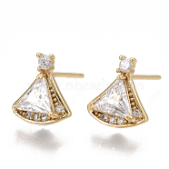 Brass Stud Earring Findings, with Loop, Cubic Zirconia, Nickel Free, Real 18K Gold Plated, Fan, Clear, 10x9mm, Hole: 0.8mm, Pin: 0.8mm(KK-T038-472G)