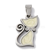 201 Stainless Steel Enamel Pendants, with Rhinestones, Cat Charm, Beige, 26x15x2mm, Hole: 7x4mm(STAS-Q342-16P-03)