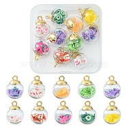 10Pcs 10 Style Glass Ball Pendants, with Mixed Polymer Clay Fruit Inside & Golden CCB Plastic Pendant Bails, Round Charms, Mixed Color, 21.5x16mm, Hole: 2mm, 1Pc/style(GLAA-YW0001-76)