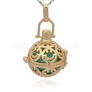 Golden Tone Brass Hollow Round Cage Pendants, with No Hole Spray Painted Brass Round Ball Beads, Medium Turquoise, 35x25x21mm, Hole: 3x8mm(KK-J216-16G)
