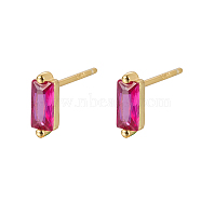 Cubic Zirconia Rectangle Stud Earrings, Golden 925 Sterling Silver Post Earrings, with 925 Stamp, Fuchsia, 7.8x3mm(FU7889-10)