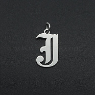 304 Stainless Steel Pendants, with Jump Ring, Old English, Letter, Laser Cut, Stainless Steel Color, Letter.J, 16.5x9.5x1mm, Hole: 3mm(A-STAS-R111-JA565-J)