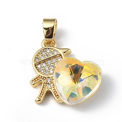Real 18K Gold Plated Rack Plating Brass Micro Pave Clear Cubic Zirconia Pendants, with Glass, Long-Lasting Plated, Cadmium Free & Lead Free, Boy with Heart Charm, Light Goldenrod Yellow, 19.5x18x7.5mm, Hole: 5.5x3.5mm(KK-C015-21G-09)
