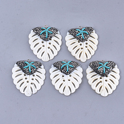 Freshwater Shell Pendants, with Polymer Clay Rhinestone, Iron Findings and Synthetic Turquoise, Leaf with Starfish/Sea Stars, Ivory, 45~46x38x8~9mm, Hole: 2mm(RB-T010-02)