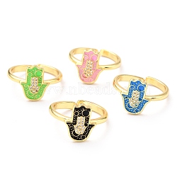 Adjustable Real 18K Gold Plated Brass Enamel Finger Rings, Cuff Rings, with Clear Cubic Zirconia, Hamsa Hand/Hand of Fatima/Hand of Miriam, Mixed Color, Inner Diameter: 17.5mm(RJEW-L071-24G)