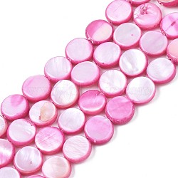 Freshwater Shell Beads Strands, Dyed, Flat Round, Camellia, 8x2.5~3.5mm, Hole: 0.8mm, about 50~51pcs/strand, 15.35 inch~15.75 inch(39cm~40cm)(SHEL-T009-B16-03)
