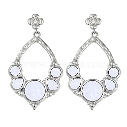 304 Stainless Steel Enamel Flower Dangle Stud Earrings, with Rhinestone, White, 57x32mm(EJEW-Z075-09P-01)