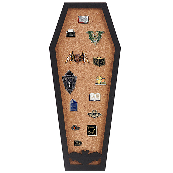 Coffin with Bat Wall Mounted Brooch Jewelry Display Cork Tray, Wooden Enamel Pins Collection Display Board Holder with Alloy Hook, Black, 28.6x12x1.8cm