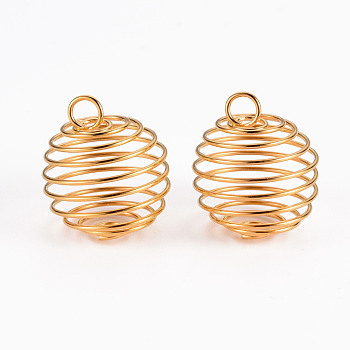 Iron Wire Pendants, Spiral Bead Cage Pendants, Round, Golden, 21x24~26mm, Hole: 5mm